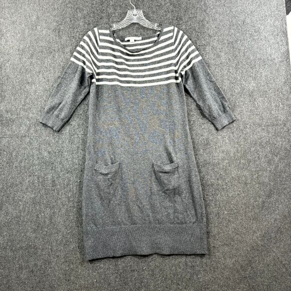 Boden Sweater Dress Women’s 6 Gray White Striped ¾ Sleeve Pockets Cashmere Blend - Picture 1 of 7